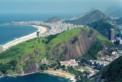 Aerial view of Copacabana Beach and coastline from Sugarloaf Mountain, Rio de Janeiro, Brazil. 